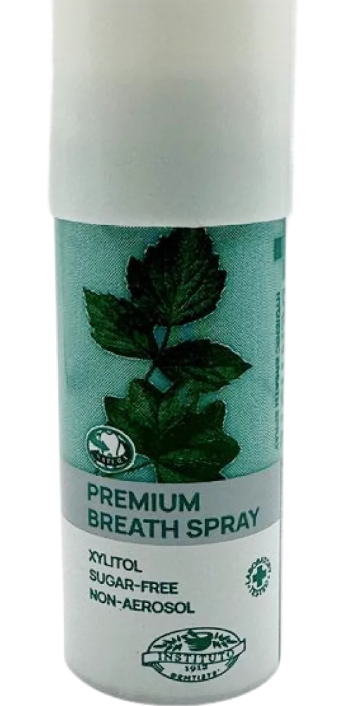 Dentiste Plus Premium Breath Spray bottle with mint leaf design, labeled xylitol, sugar-free, non-aerosol.