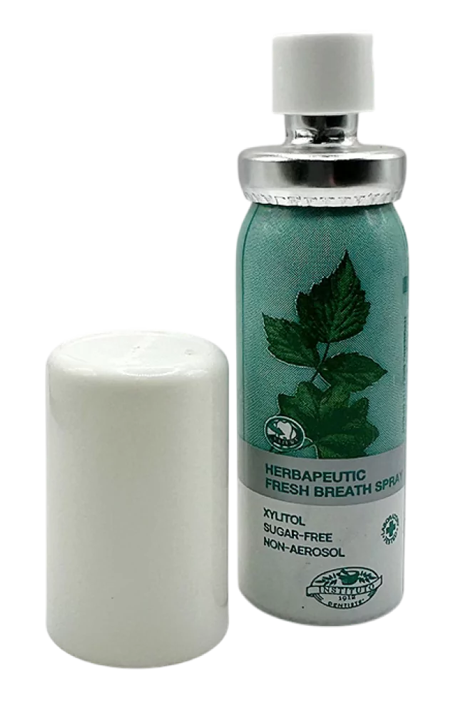 Travel pouch essential: compact herbal fresh breath spray with xylitol, ideal for on-the-go freshness.