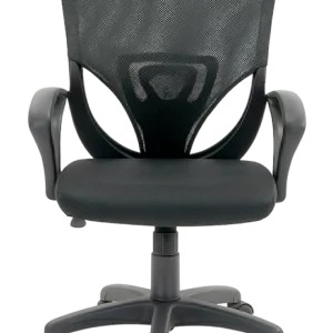 Black ergonomic mesh office chair with adjustable armrests and a five-wheel base, shown from the front.