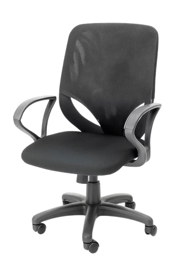 Ergonomski pisalni stol z mrežnim naslonom in črnimi rokonasloni na koleščkih.