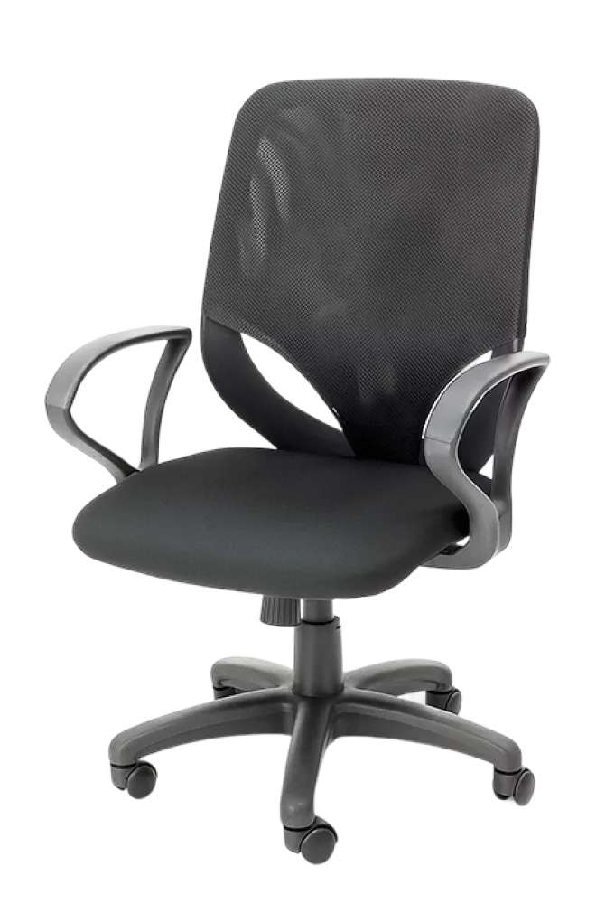 Ergonomski pisalni stol z mrežnim naslonom in črnimi rokonasloni na koleščkih.