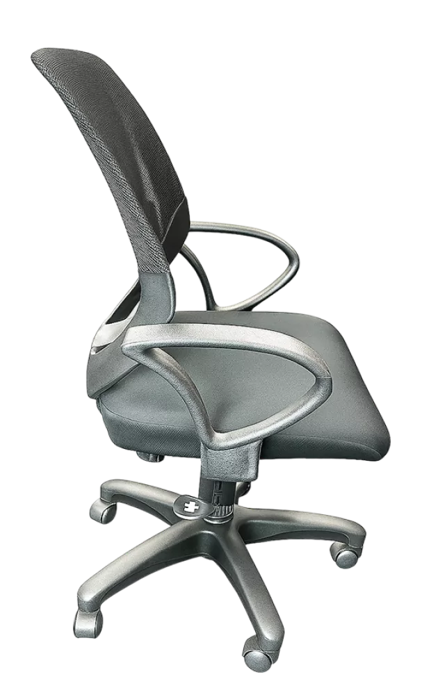 Ergonomski pisalni stol z mrežno oporo za hrbet in nastavljivimi naslonjali na produktni strani.