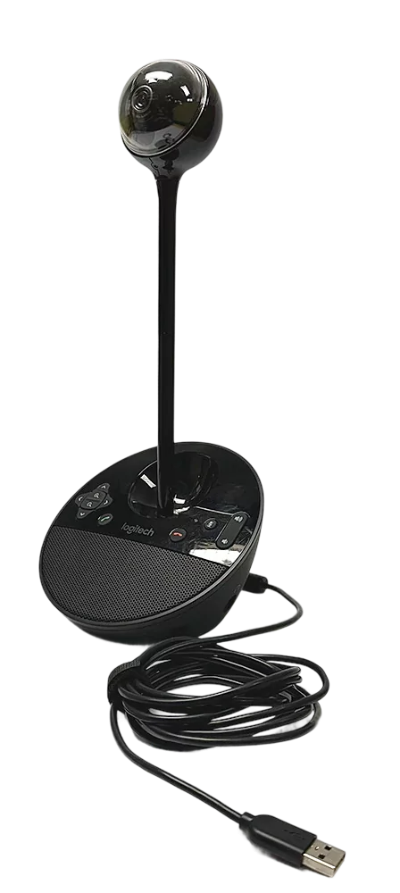 Logitech BCC950 konferenční kamera s vestavěným mikrofonem, ovládacími tlačítky a USB kabelem.