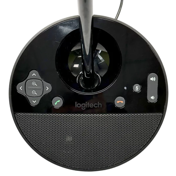 Detail ovládacího panelu Logitech BCC950 konferenční kamery s tlačítky pro volání a hlasitost.