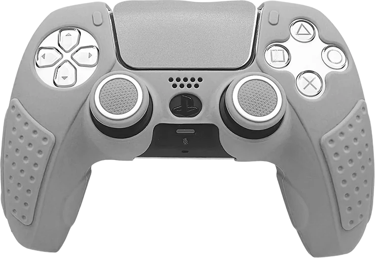 PlayStation 5 Ohjain, harmaa silikonisuojalla, edestä kuvattuna tuotesivulla.