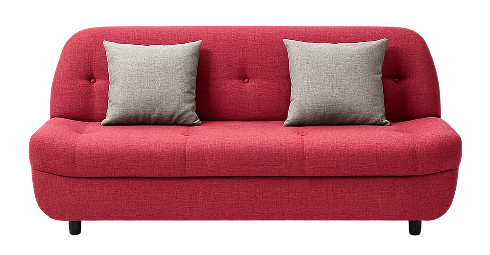 Red modern sofa with curved backrest and two gray throw pillows, shown on a white background.