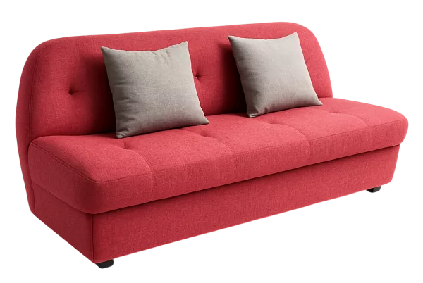 Red modern sofa with two light gray throw pillows, displayed against a white background.