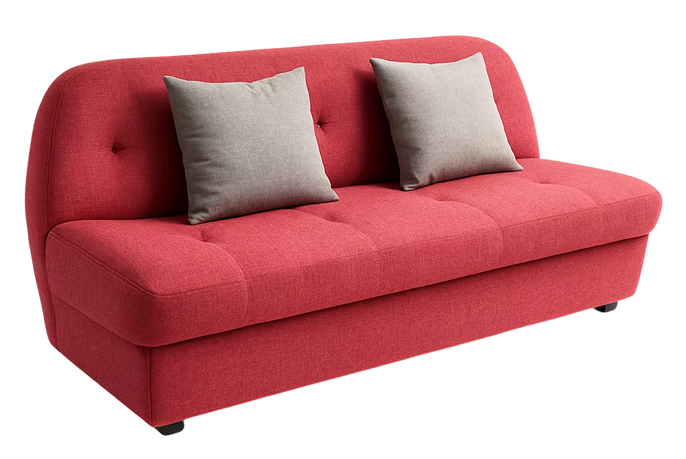 Red modern sofa with two light gray throw pillows, displayed against a white background.