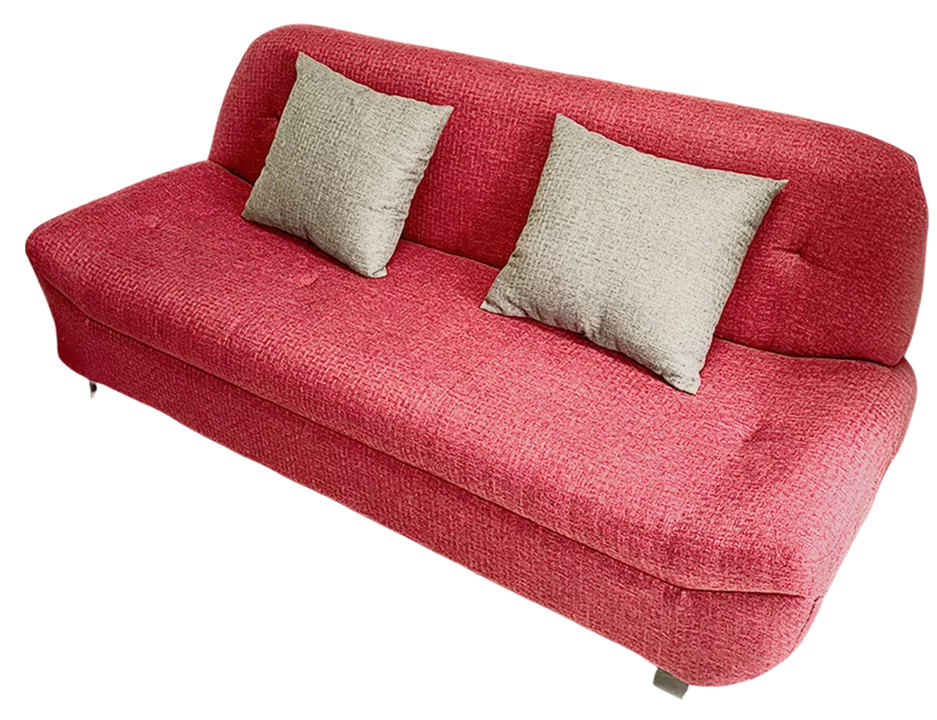 Red modern sofa with two gray throw pillows, displayed on a product page.