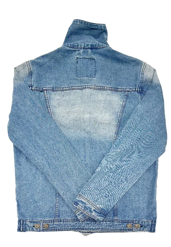 Bagside af blå Petrol Denimjakke, vist med lange ærmer og krave.