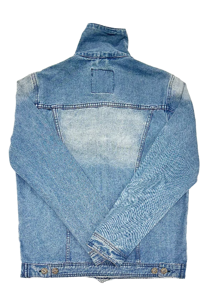 Bagside af blå Petrol Denimjakke, vist med lange ærmer og krave.