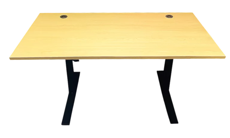 OFX Ergonomic Table with a light wood finish and black metal legs, featuring two cable management holes.