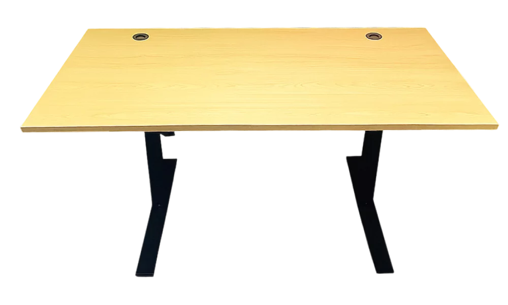 Home office desk with monitor stand, spacious workspace and cable management, ideal for starter bundle setup.