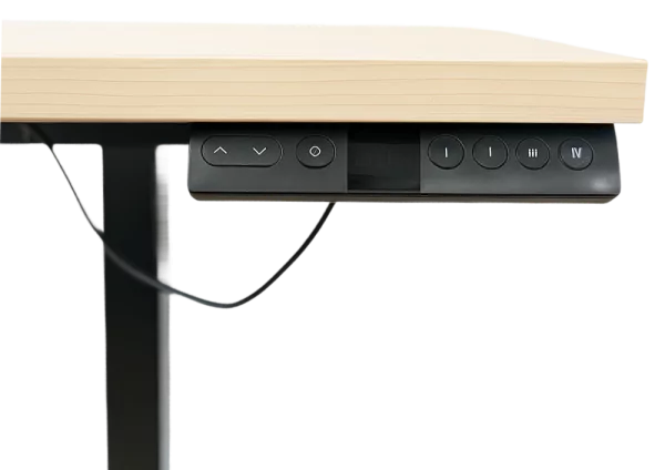 OFX Ergonomikus Asztal vezérlőpanelje, fa asztallappal és állítható magasságú fém lábbal.