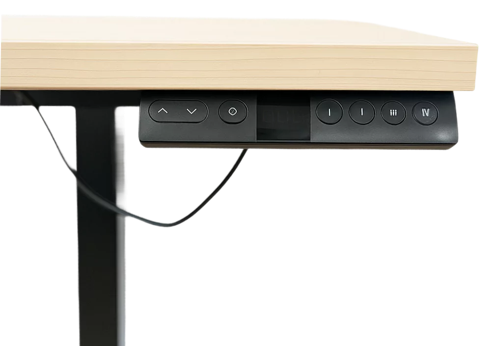 OFX Ergonomikus Asztal vezérlőpanelje, fa asztallappal és állítható magasságú fém lábbal.