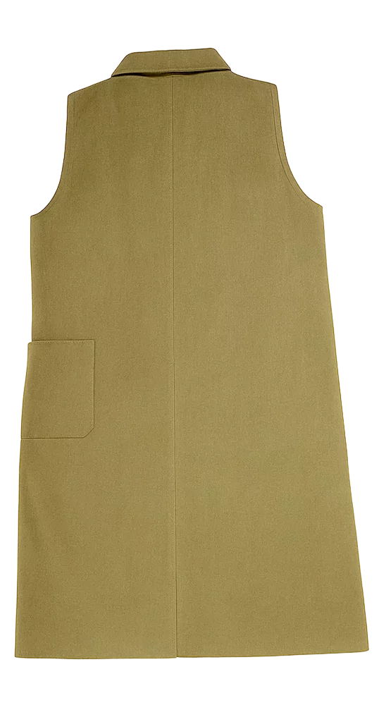 Hrbtna stran Kashieca oljčno zelene obleke brez rokavov s stranskim žepom.