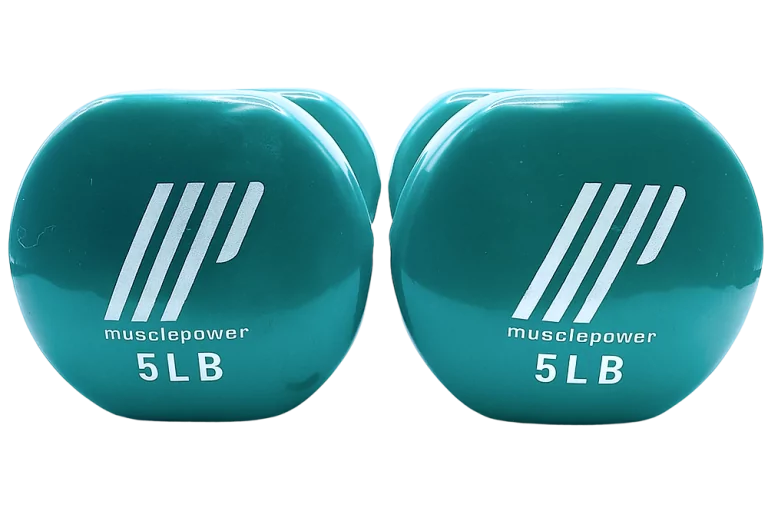 Pair of green Muscle Power 5 lb dumbbells with white logo, displayed for fitness product listing.