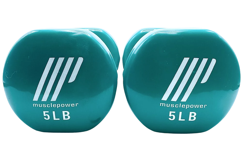 Zaļi Muscle Power hanteles pāris ar 5LB uzrakstu, piemērots spēka treniņiem.