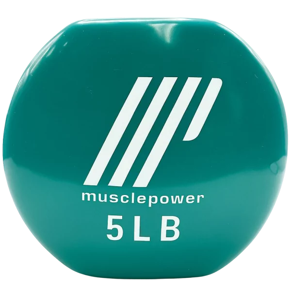 Zaļš Muscle Power hantelis ar baltu uzrakstu "5 LB" un logotipu, produkta attēls.