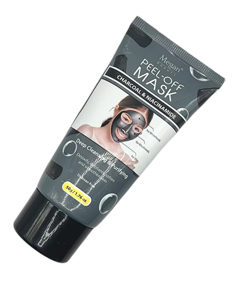 Megan Masker Peel-Off Arang & Niacinamide 120 ml dengan gambar model memakai masker di wajah.