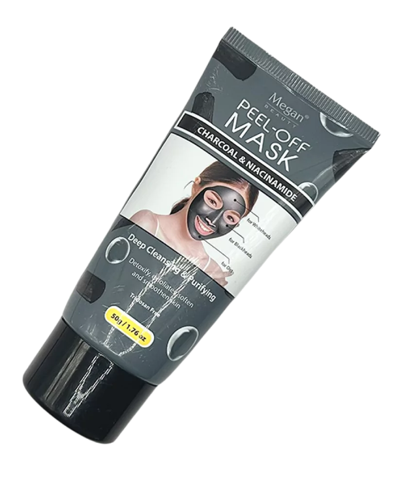 Tubo di Megan Maschera Peel-Off al Carbone con immagine di donna che applica la maschera sul viso.