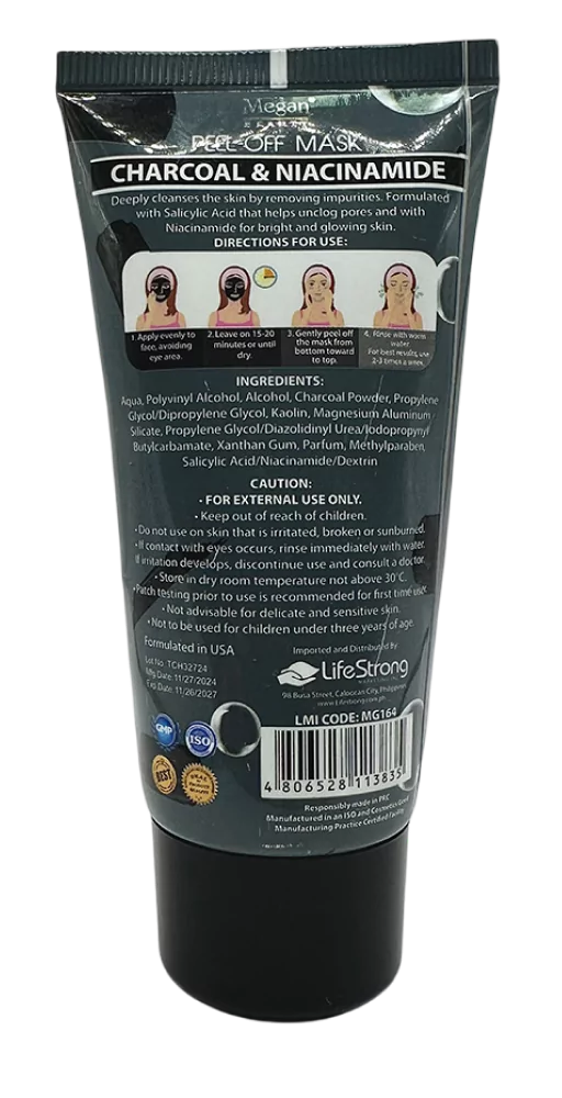 Tubo di Megan Maschera Peel-Off al Carbone con istruzioni e ingredienti stampati sul retro.
