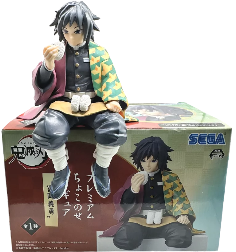 SEGA Demon Slayer Tomioka Figur sitzt mit Teetasse auf der Verpackung, detailliertes Anime-Design.