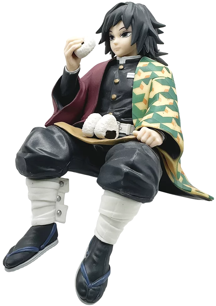 Kifigurine cha Tomioka kutoka SEGA Demon Slayer, ameketi na kushika chakula mkononi.