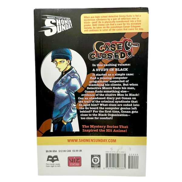 Baksidan av Detective Conan Volym 37 med illustration och engelsk text om bokens handling.