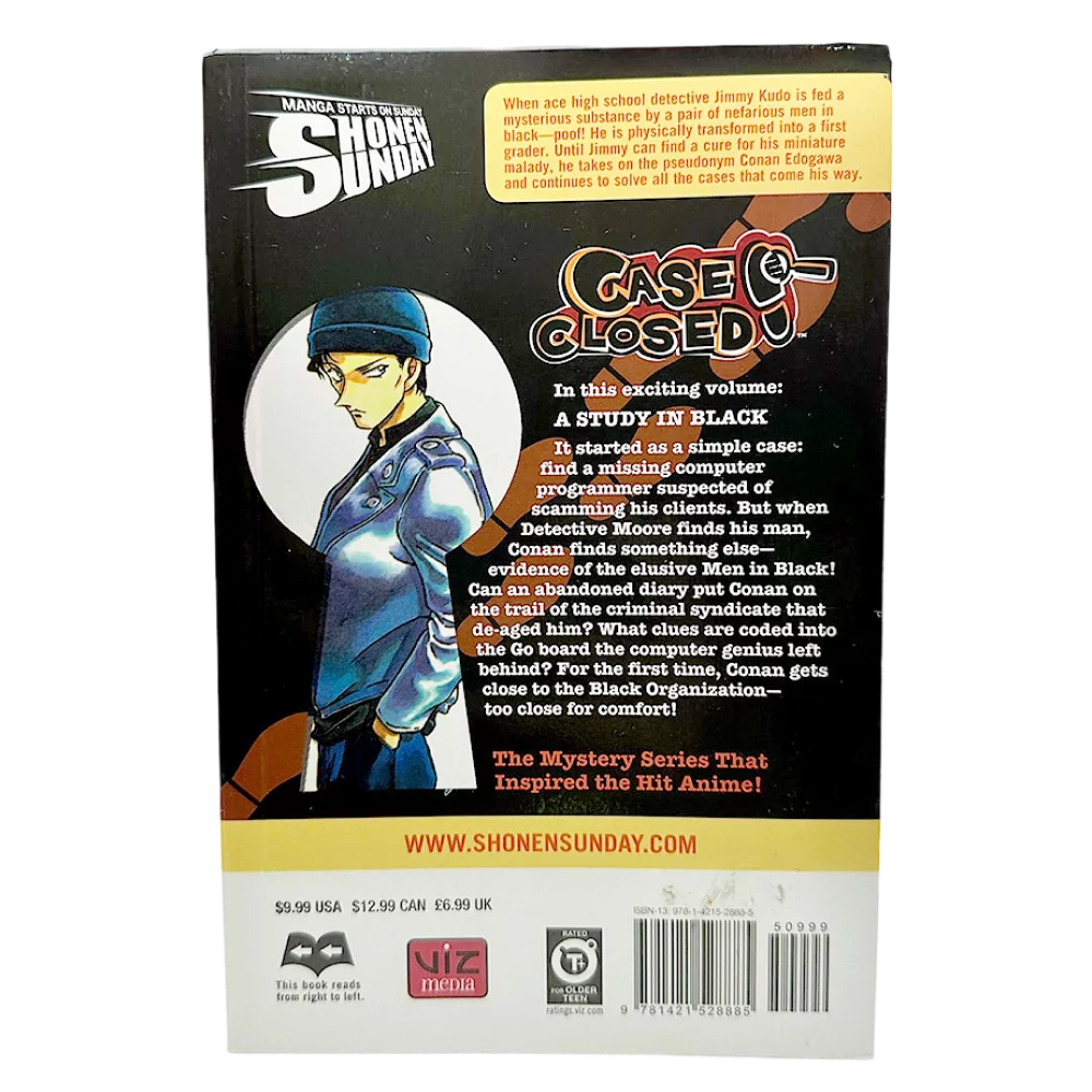 Baksidan av Detective Conan Volym 37 med illustration och engelsk text om bokens handling.
