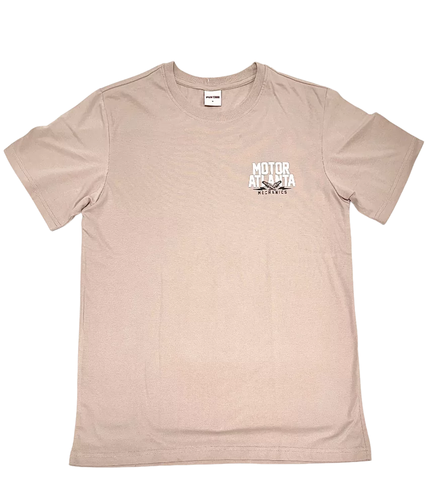 T-shirt beige FunTee Motor Atlanta avec logo blanc imprimé sur la poitrine, affiché à plat.
