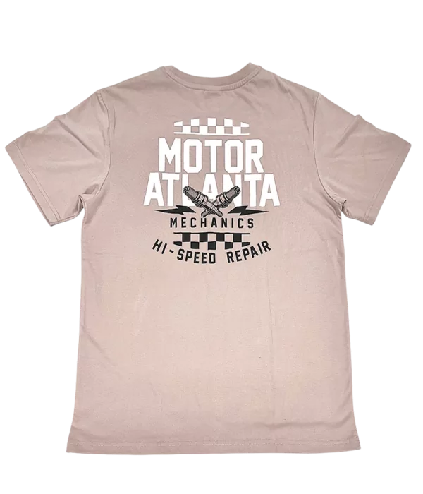 T-shirt FunTee Motor Atlanta beige avec logo "Motor Atlanta Mechanics Hi-Speed Repair" imprimé dans le dos.