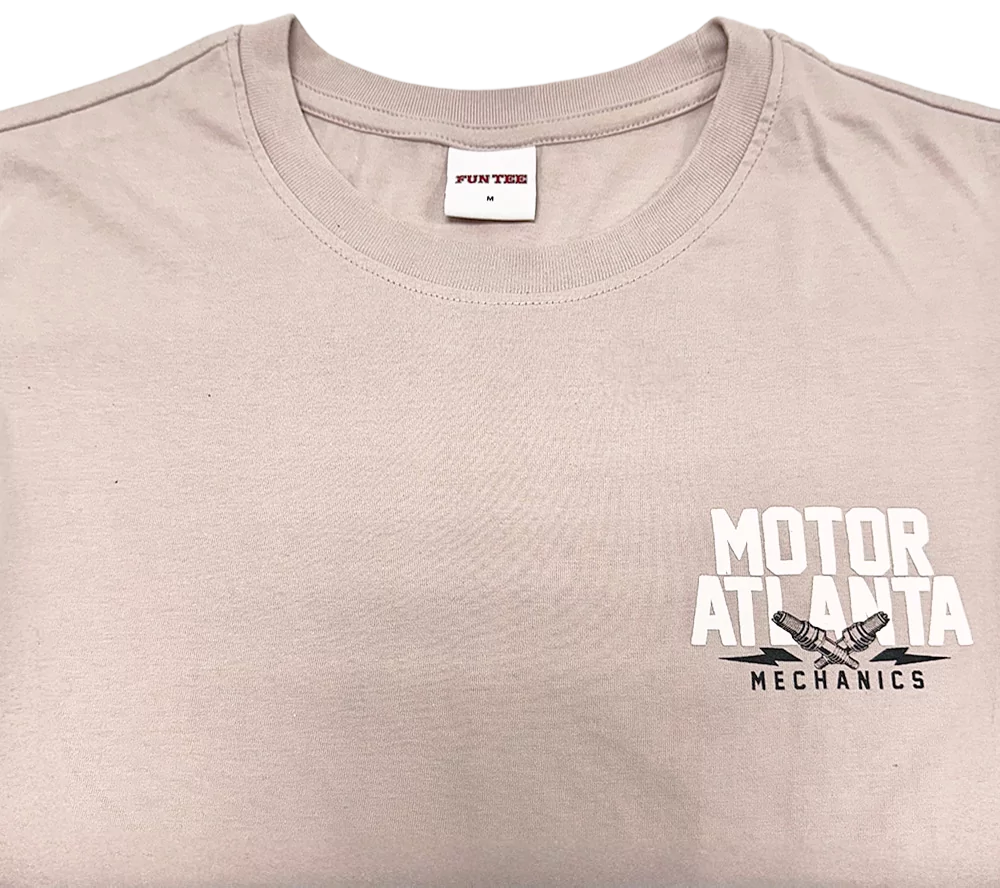 T-shirt FunTee Motor Atlanta gris avec logo "MOTOR ATLANTA MECHANICS" et deux clés croisées.