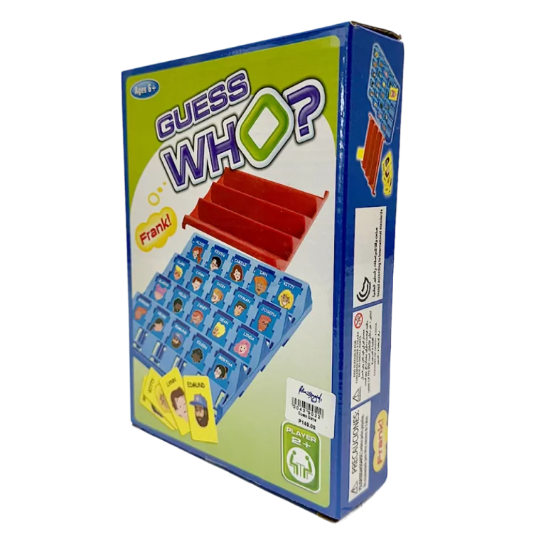 Spilæske til Guess Who? med illustration af spilbrættet og kort på forsiden.