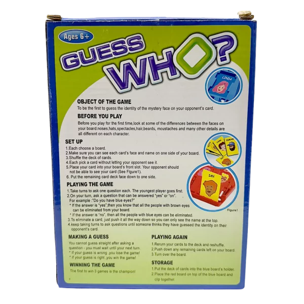 Guess Who? kutusunun arka yüzü, oyunun kuralları ve oynanış talimatları yer alıyor.