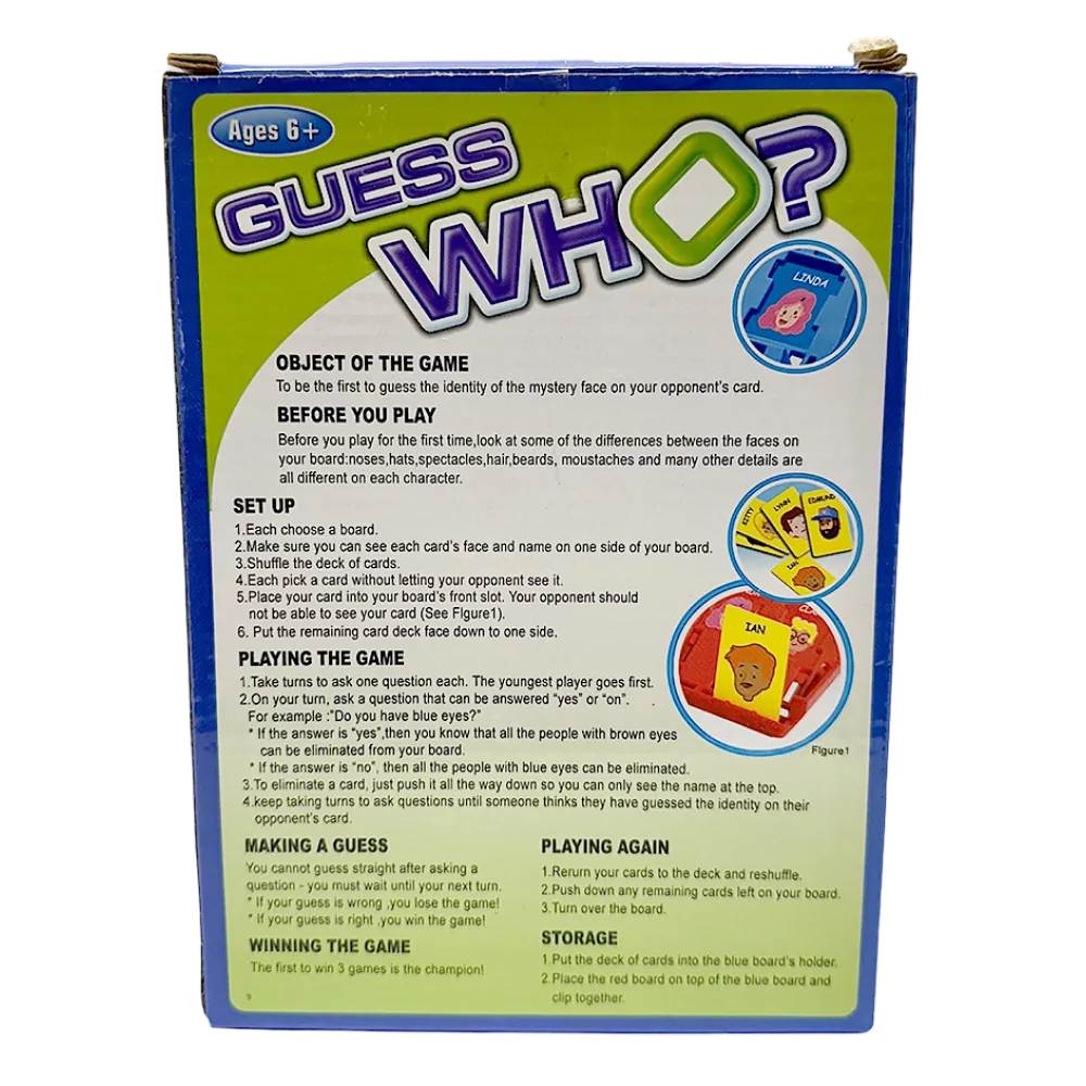 Guess Who? kutusunun arka yüzü, oyunun kuralları ve oynanış talimatları yer alıyor.