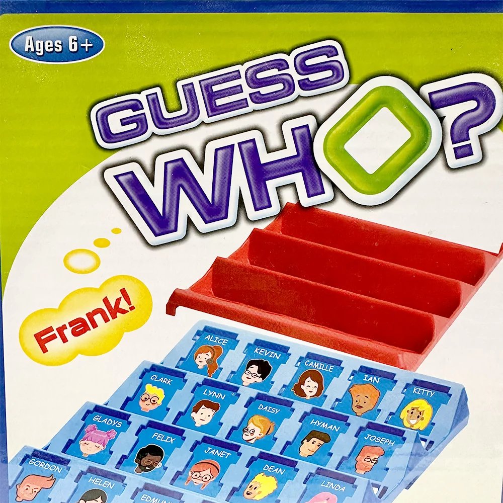 Guess Who? kutu oyunu kapağı, oynanmaya hazır mavi oyun tahtası ve "Frank!" ismiyle gösterilen karakter.