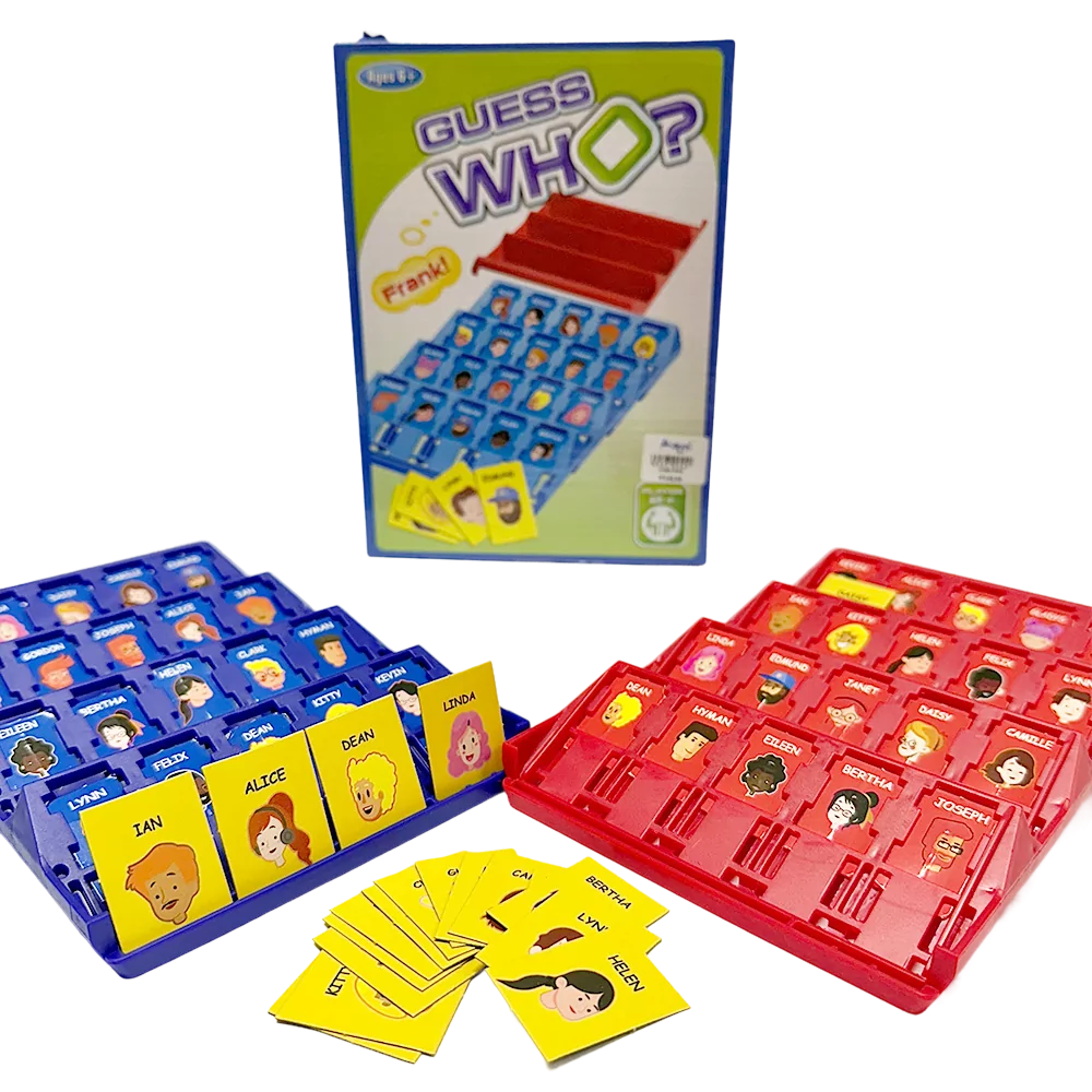 Guess Who? kutu oyunu, kırmızı ve mavi oyun tahtaları ile kartlar ürün sayfasında sergileniyor.