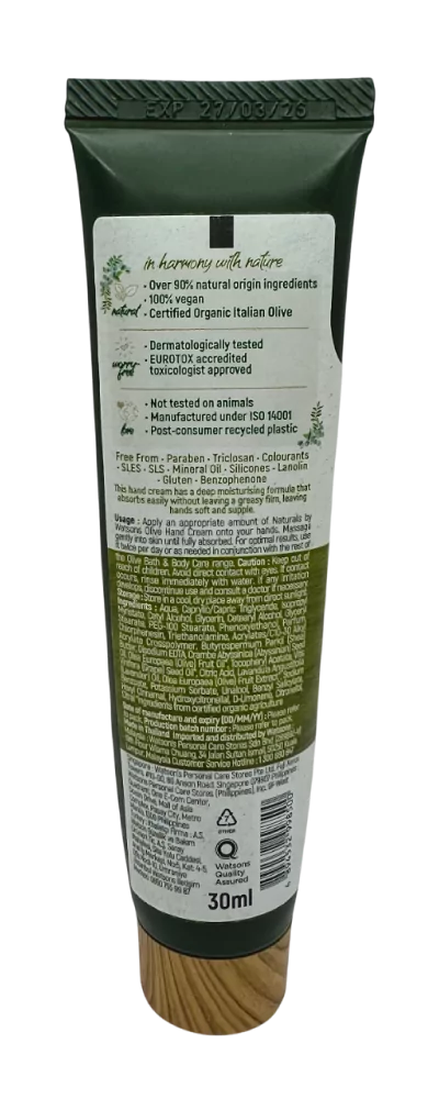 Tuýp kem dưỡng da tay Naturals Olive 30ml, thiết kế xanh lá với thành phần chiết xuất từ ô liu tự nhiên.