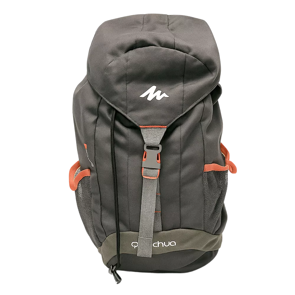Quechua Arpenaz Backpack in black with red accents, front view showing main compartment and logo.