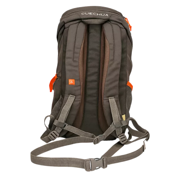 Rear view of the Quechua Arpenaz Backpack showing padded shoulder straps and adjustable chest buckle.