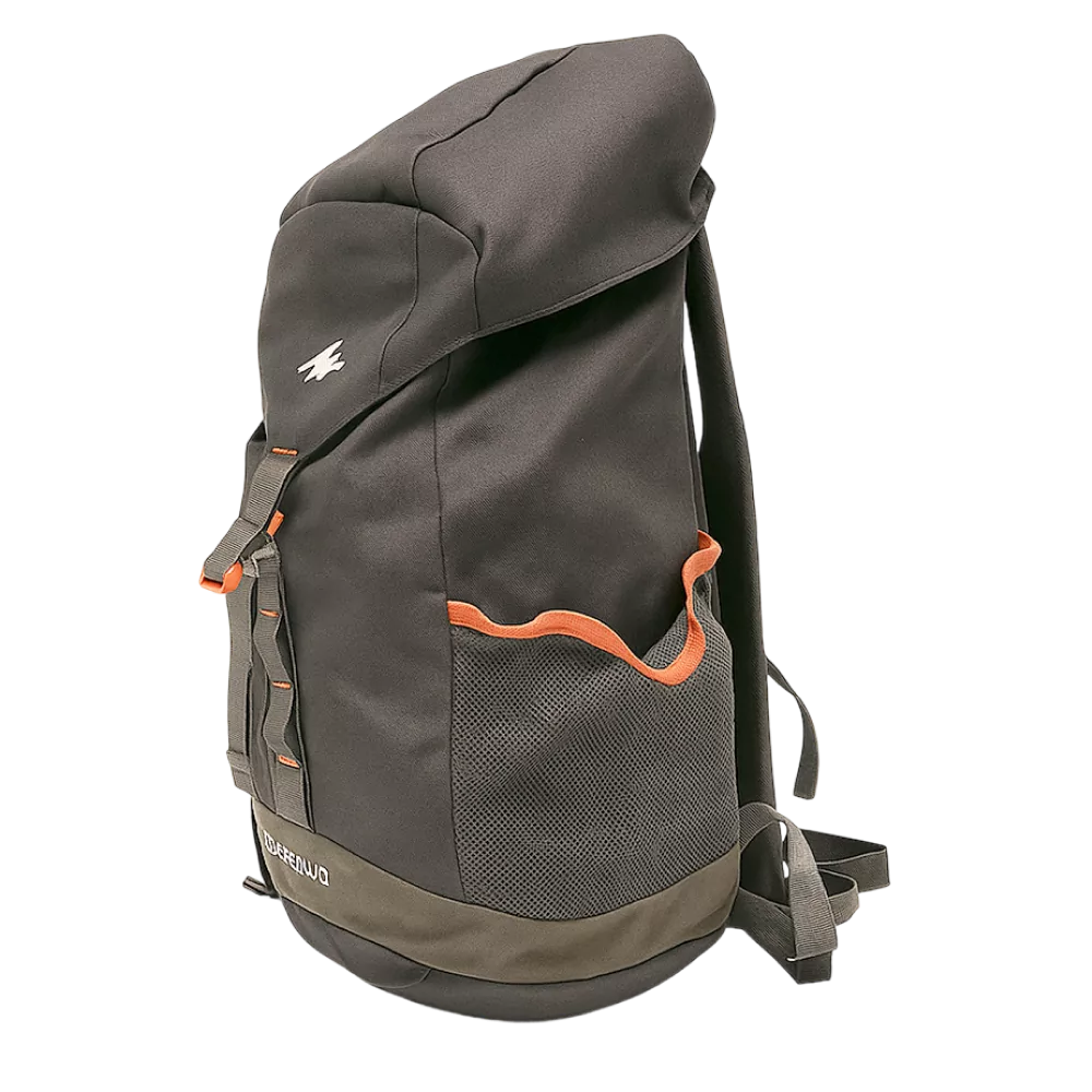 Quechua Arpenaz Backpack in dark grey with orange accents and mesh side pocket, shown upright.