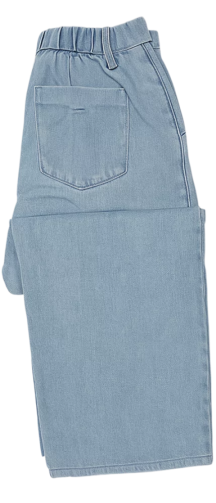 Damskie spodnie Uniqlo z luźnymi nogawkami, jasnoniebieski denim, widok z boku.