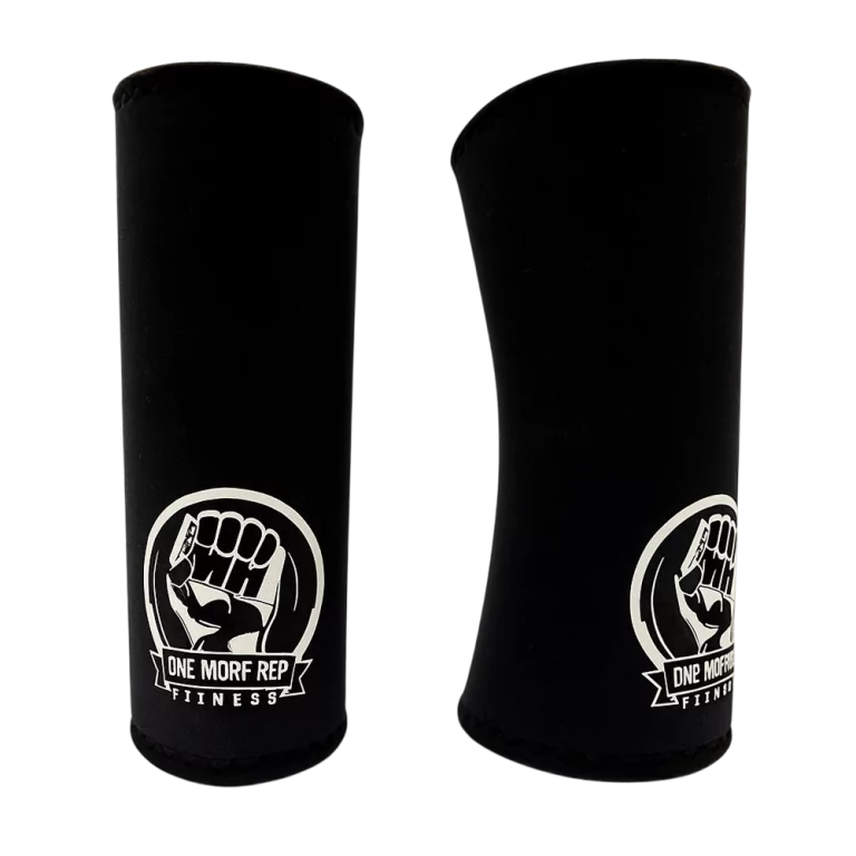 Pair of black One More Rep Fitness kneepads with a fist logo displayed on the front.