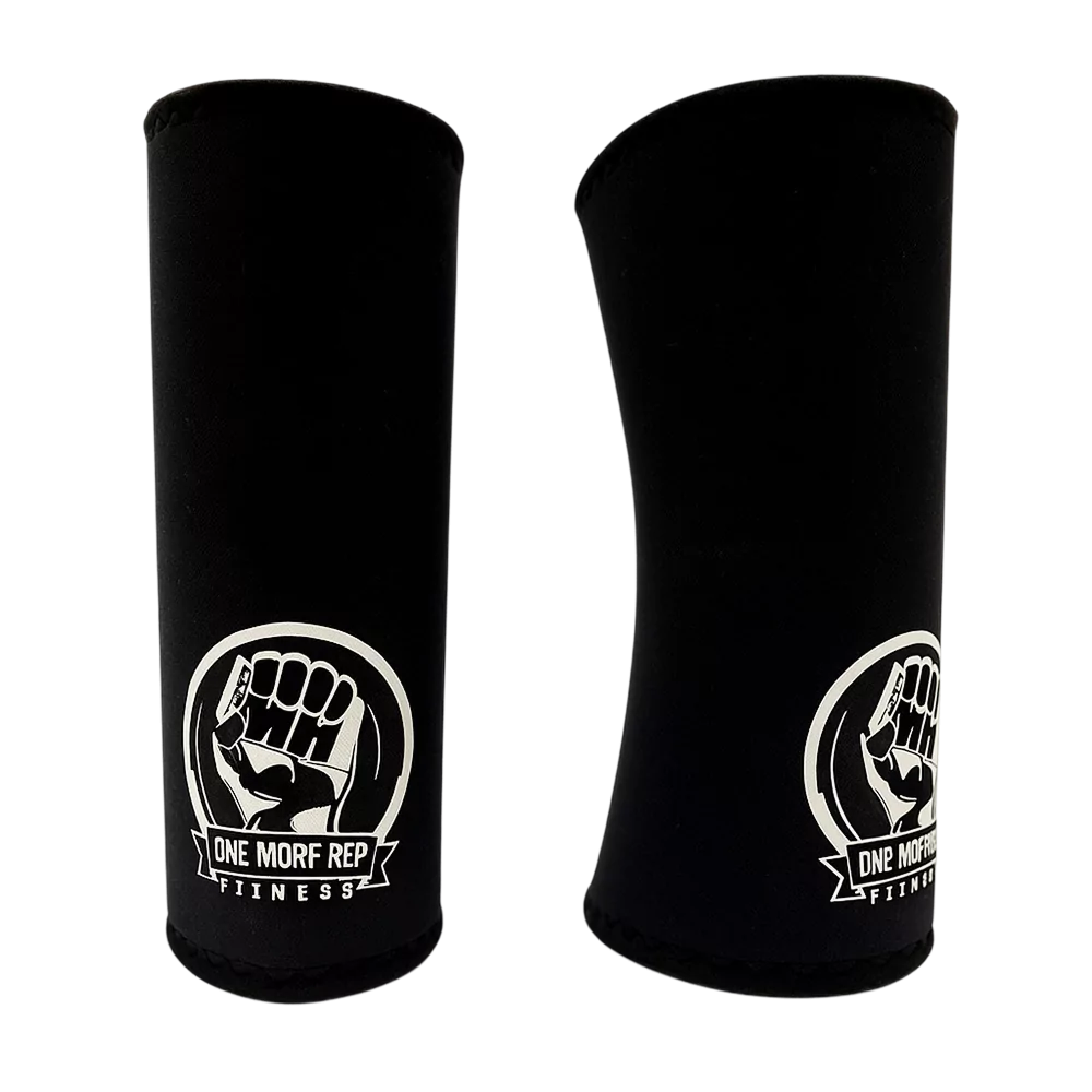Pair of black One More Rep Fitness kneepads with a fist logo displayed on the front.
