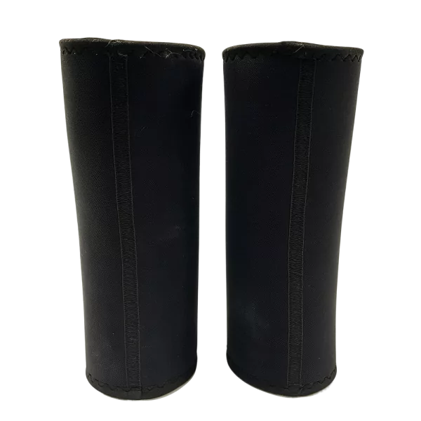 Pair of black One More Rep Fitness kneepads standing upright, showcasing front and stitching details.
