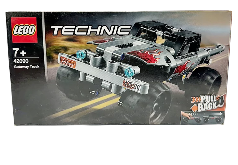 LEGO Technic 42090 flugtbil æske med sort og grå bil, ilddekorationer og "pull back" funktion.