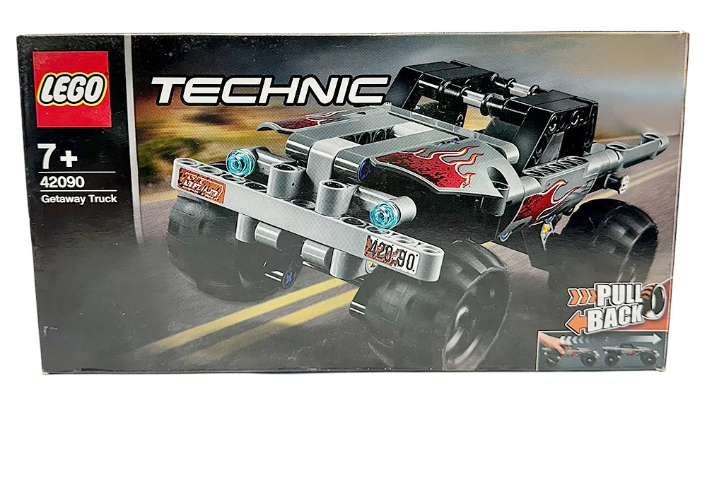 LEGO Technic 42090 dėžutė su surenkamo pabėgimo sunkvežimio iliustracija.