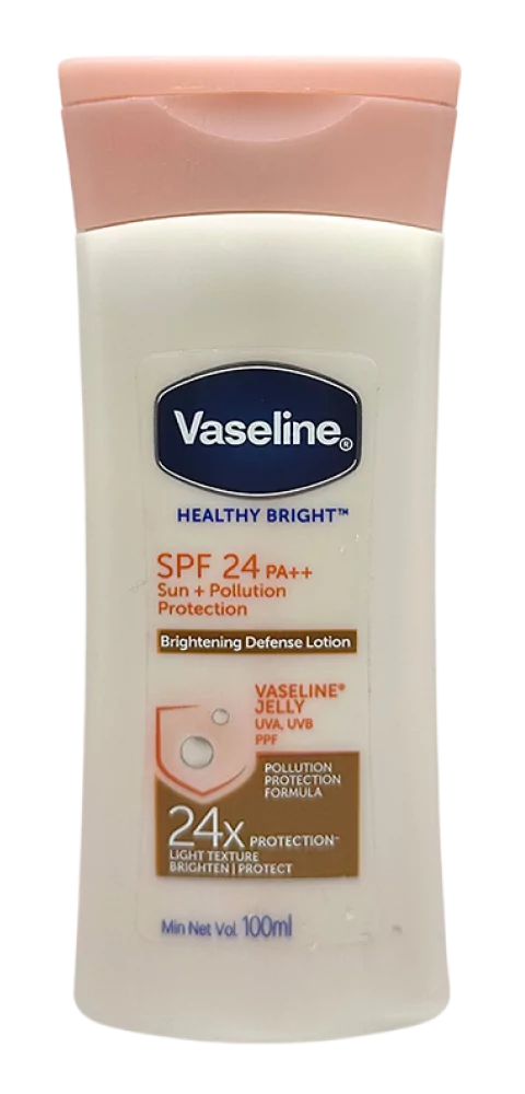 Botol Vaseline Healthy Bright SPF24 Losyen Badan 100ml dengan penutup merah jambu dipaparkan tegak.