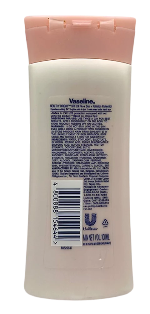 Bakside av Vaseline Healthy Bright Spf24 Bodylotion 100 ml, viser ingrediensliste og strekkode.